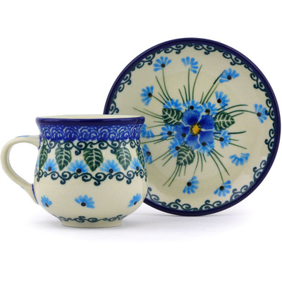 Polish Pottery Espresso Cup with Saucer 3 oz Forget Me Not UNIKAT
