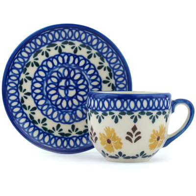 Polish Pottery Espresso Cup with Saucer 3 oz Golden Flower Garden