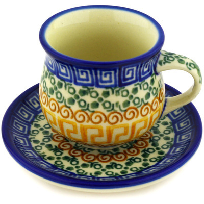 Polish Pottery Espresso Cup with Saucer 3 oz Grecian Sea