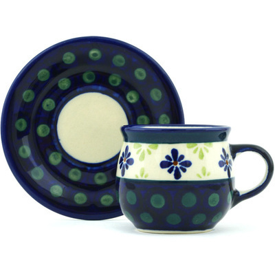 Polish Pottery Espresso Cup with Saucer 3 oz Green Gingham Peacock