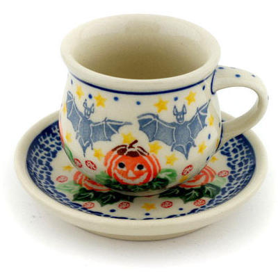Polish Pottery Espresso Cup with Saucer 3 oz Happy Halloween