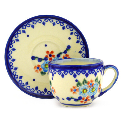Polish Pottery Espresso Cup with Saucer 3 oz Hearts And Flowers