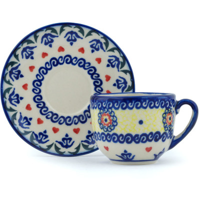 Polish Pottery Espresso Cup with Saucer 3 oz Hearts Around Hearts