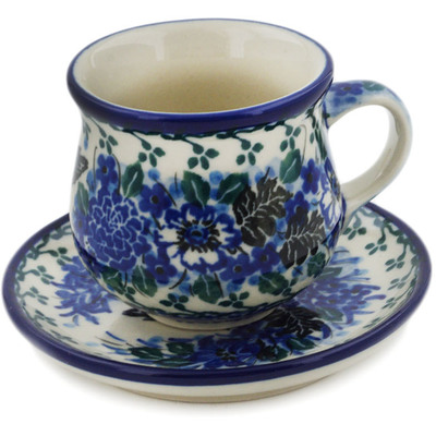 Polish Pottery Espresso Cup with Saucer 3 oz Hummingbird Blue UNIKAT