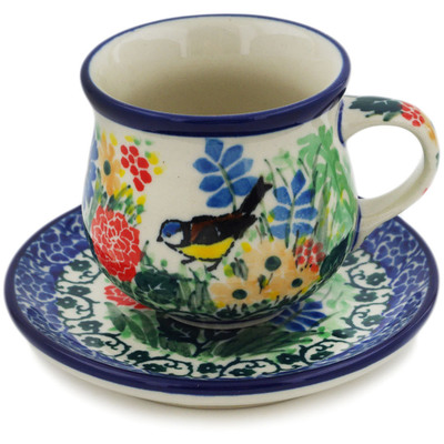 Polish Pottery Espresso Cup with Saucer 3 oz In The Garden UNIKAT