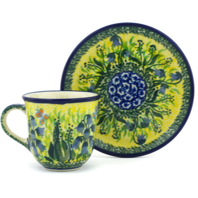 Polish Pottery Espresso Cup with Saucer 3 oz Lakeside Bluebells UNIKAT