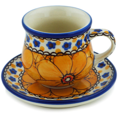 Polish Pottery Espresso Cup with Saucer 3 oz Marigold Dreams UNIKAT
