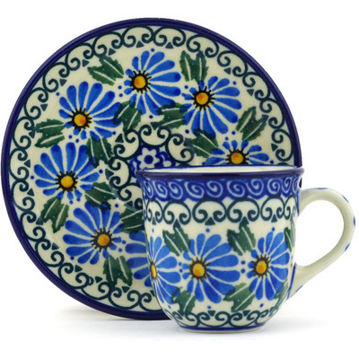Polish Pottery Espresso Cup with Saucer 3 oz Morning Daisy