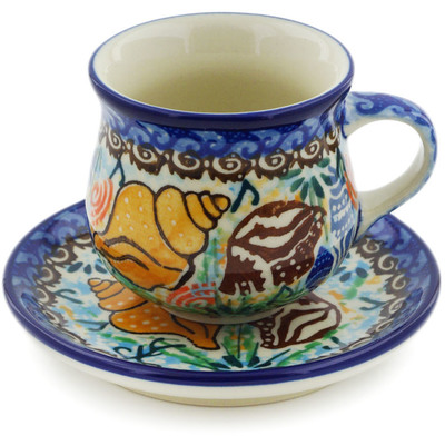 Polish Pottery Espresso Cup with Saucer 3 oz Ocean Whisper UNIKAT