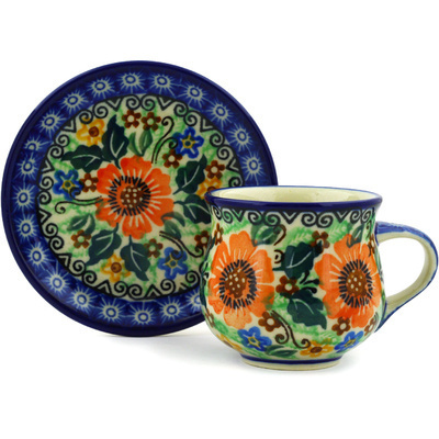 Polish Pottery Espresso Cup with Saucer 3 oz Orange Wreath UNIKAT