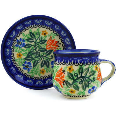 Polish Pottery Espresso Cup with Saucer 3 oz Peach Fan Fare UNIKAT