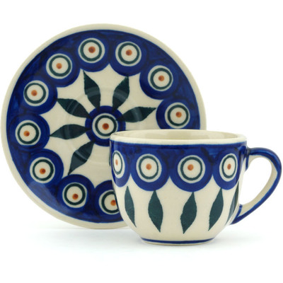 Polish Pottery Espresso Cup with Saucer 3 oz Peacock