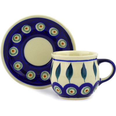 Polish Pottery Espresso Cup with Saucer 3 oz Peacock Leaves