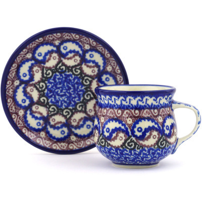 Polish Pottery Espresso Cup with Saucer 3 oz Peacock Yean Yang
