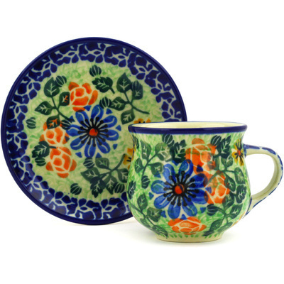 Polish Pottery Espresso Cup with Saucer 3 oz Poetry UNIKAT
