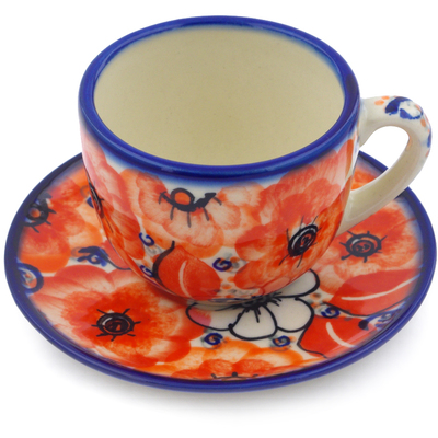 Polish Pottery Espresso Cup with Saucer 3 oz Poppy Passion