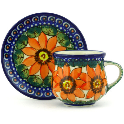 Polish Pottery Espresso Cup with Saucer 3 oz Red Blooms UNIKAT
