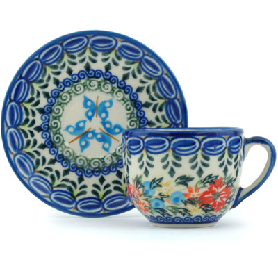 Polish Pottery Espresso Cup with Saucer 3 oz Ring Of Flowers UNIKAT