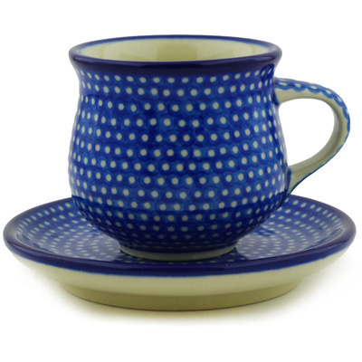 Polish Pottery Espresso Cup with Saucer 3 oz Sapphire Polka Dot UNIKAT