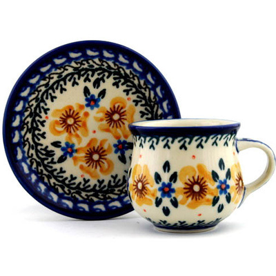 Polish Pottery Espresso Cup with Saucer 3 oz Sea Fall Yellow Flowers