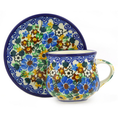 Polish Pottery Espresso Cup with Saucer 3 oz Sea Of Posies UNIKAT