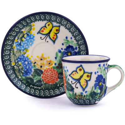 Polish Pottery Espresso Cup with Saucer 3 oz Spring Garden UNIKAT