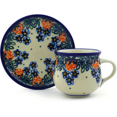 Polish Pottery Espresso Cup with Saucer 3 oz Strwaberry Fever