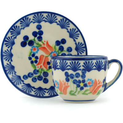 Polish Pottery Espresso Cup with Saucer 3 oz Tulip Berries