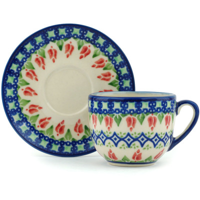 Polish Pottery Espresso Cup with Saucer 3 oz Tulips And Diamonds