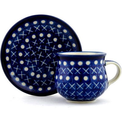 Polish Pottery Espresso Cup with Saucer 3 oz X Marks The Spot