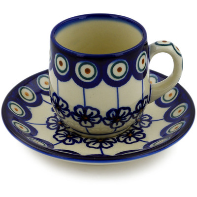 Polish Pottery espresso cup with saucer Flowering Peacock
