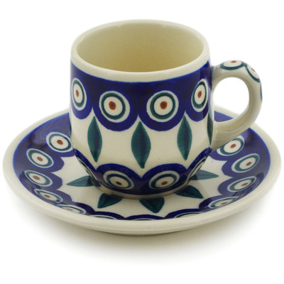 Polish Pottery espresso cup with saucer Peacock