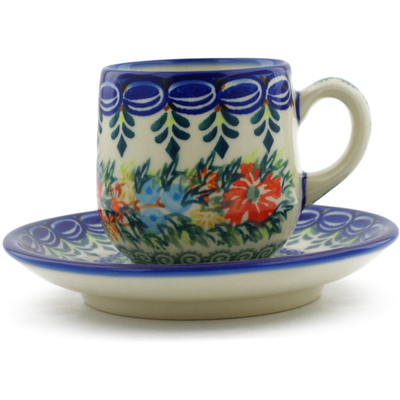 Polish Pottery espresso cup with saucer Ring Of Flowers UNIKAT