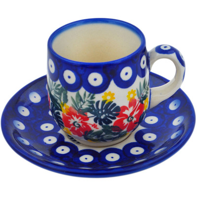 Polish Pottery espresso cup with saucer Tropical Peacock UNIKAT