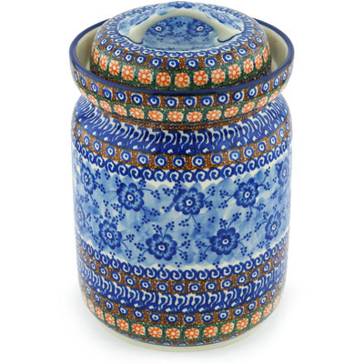 Polish Pottery Fermenting Crock with Water Seal Airlock Dancing Blue Poppies UNIKAT