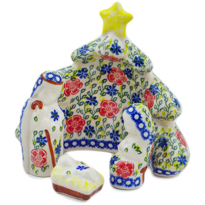 Polish Pottery Figurine Nativity Set 6&quot; Red Flower Trellis