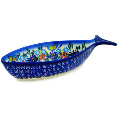 Polish Pottery Fish Shaped Platter 10&quot; Butterfly Flower Bed UNIKAT