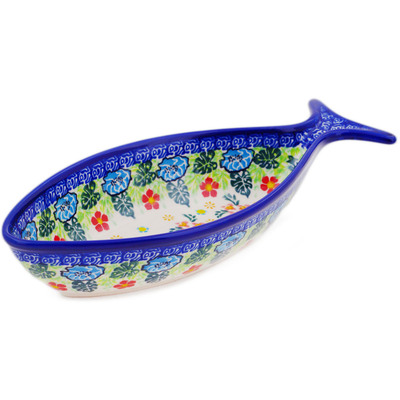 Polish Pottery Fish Shaped Platter 10&quot; Monstera Blooms UNIKAT