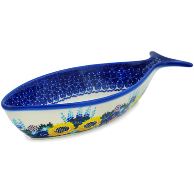 Polish Pottery Fish Shaped Platter 10&quot; Sunflower UNIKAT