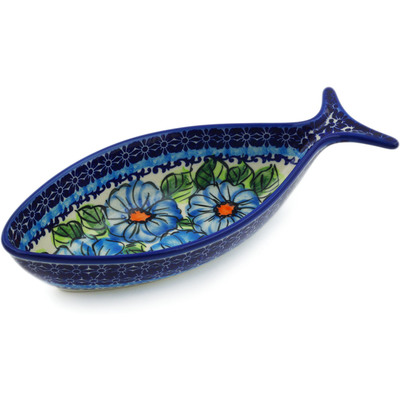 Polish Pottery Fish Shaped Platter 11&quot; Bold Blue Poppies UNIKAT