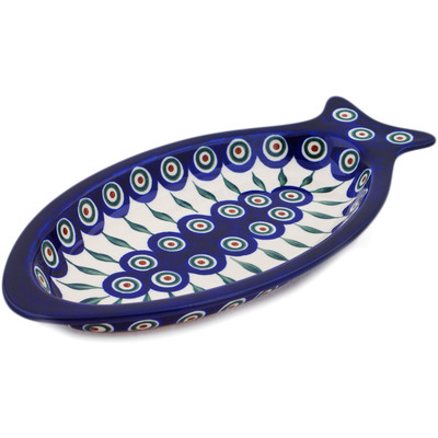 Polish Pottery Fish Shaped Platter 12&quot; Peacock Leaves