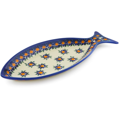 Polish Pottery Fish Shaped Platter 13&quot; Blue Daisy UNIKAT
