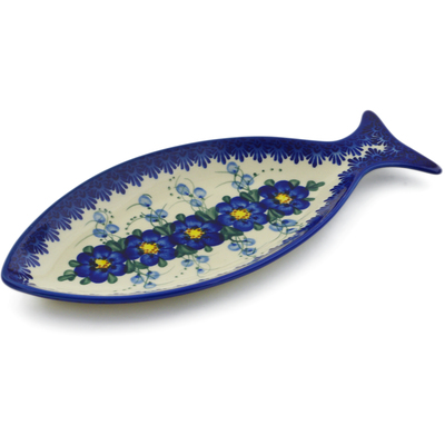 Polish Pottery Fish Shaped Platter 13&quot; Blue Wildflower UNIKAT
