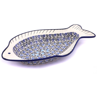 Polish Pottery Fish Shaped Platter 15&quot; Black And Blue Lace