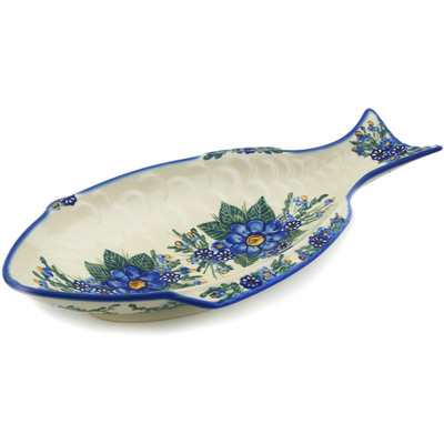 Polish Pottery Fish Shaped Platter 17&quot; Blue Bouquet