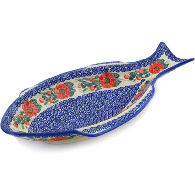 Polish Pottery Fish Shaped Platter 17&quot; Red Blossom