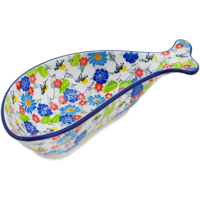 Polish Pottery Fish Shaped Platter 9&quot; Anemone Flower Garden UNIKAT