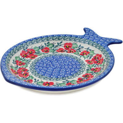 Polish Pottery Fish Shaped Platter 9&quot; Red Pansy