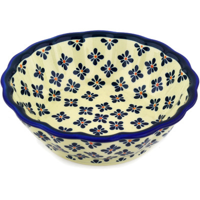 Polish Pottery Fluted Bowl 10&quot; Black Gangam Flower