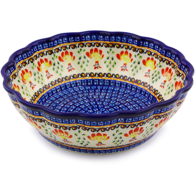 Polish Pottery Fluted Bowl 10&quot; Blooming Red